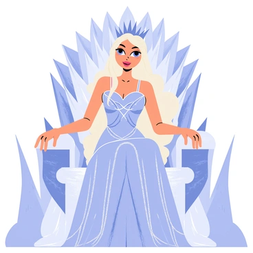 A regal ice queen with long, flowing white hair is sitting on a frozen throne. She is wearing a gown made entirely of sparkling icicles that catch the light, creating a shimmering effect. Her piercing blue eyes gaze ahead, and her expression is composed and dignified. The throne is adorned with intricate ice carvings, resembling delicate frost patterns. The background features glistening ice formations and a soft blue glow, enhancing the magical atmosphere of her icy realm.
