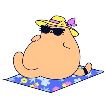 A rotund cat with fluffy fur sits comfortably on a colorful beach towel. The cat is wearing stylish black sunglasses that contrast with its fur. On its head, there is a wide-brimmed sun hat adorned with a bright ribbon. The towel features a fun pattern of tropical leaves and flowers. The cat's paws are stretched out, and it appears to be enjoying the warm sun on its face.