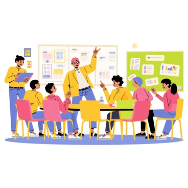 A brightly lit classroom filled with diverse students engaged in learning activities. In one corner, a student with glasses uses a tablet with a large touchscreen, while next to them, a student with a hearing aid listens attentively to a teacher using sign language. The teacher stands at the front, pointing to a colorful chalkboard displaying various educational charts. At the center table, a group of students collaborates on a project, using colorful adaptive tools like oversized pencils and textured worksheets. Posters of numbers and letters adorn the walls, creating a vibrant learning environment.