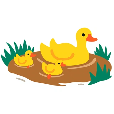 A family of four ducks with fluffy yellow feathers is happily swimming in a muddy pond. The mother duck leads the way, while three ducklings follow closely behind, splashing in the water. The pond features brown, murky water and surrounded by green reeds. Sunlight glimmers on the water's surface, creating a lively atmosphere. Each duck has bright orange beaks and feet, contrasting with their soft plumage.