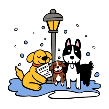 A trio of dogs huddled together under a vintage lamppost, surrounded by a snowy landscape. The first dog is a fluffy golden retriever with a joyful expression, holding a sheet of music in its mouth. The second dog is a small brown beagle, looking up with big eyes, wearing a red scarf. The third dog is a black and white border collie, standing proudly with its ears perked up, also holding a sheet of music. Snowflakes gently fall around them as they appear to be singing Christmas carols, creating a warm and festive atmosphere.