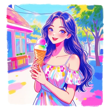 A young woman with long, straight black hair is standing outdoors on a sunny day. She has a playful expression on her face as she enjoys an ice cream cone. The cone is topped with a large scoop of colorful ice cream, melting slightly in the warmth. She is wearing a light summer dress adorned with floral patterns. In the background, there are green trees and a clear blue sky, adding to the cheerful atmosphere of the scene.