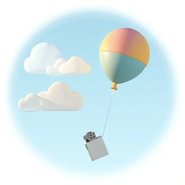 A silver lighter is gently floating through a clear blue sky. Attached to the lighter is a vibrant, multi-colored balloon, with shades of red, yellow, green, and blue blending together. The balloon is inflated and bobbing slightly in the air, while the sun casts a warm glow, illuminating both the lighter and the balloon against the backdrop of fluffy white clouds. The scene conveys a sense of lightness and whimsy as the lighter drifts higher into the sky.