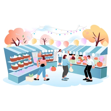 A vibrant outdoor market is filled with a variety of stalls. Each stall showcases handmade crafts, such as woven baskets, pottery, and knitted items. Nearby, another stall is overflowing with autumn produce, including pumpkins, apples, and colorful gourds. Shoppers are browsing the stalls, with some examining the crafts closely while others are filling their bags with fresh fruits and vegetables. The background features trees with leaves in shades of orange and yellow, indicative of the autumn season. Banners and strings of lights are hanging above the market, adding to the lively atmosphere.