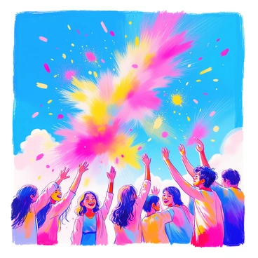 A clear blue sky is filled with a vibrant cloud of colorful powders being thrown into the air. The powders are a mix of bright pink, yellow, green, and blue, creating a rainbow effect as they disperse. Below the sky, people are celebrating, with some laughing and others reaching up towards the colorful cloud. The sunlight catches the particles, making them shimmer as they float down. The scene conveys a sense of joy and exuberance.