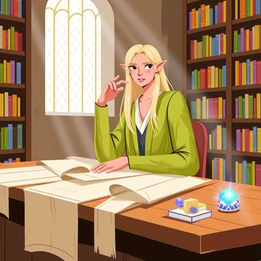 A tall, elegant elf named "Galadriel" is seated at a large wooden table in a grand library. She has long, flowing hair and is dressed in a flowing gown with intricate patterns. Around her are "ancient scrolls" spread out on the table, some partially unrolled. The library is vast, with high ceilings and towering bookshelves filled with "magical artifacts" and colorful books. Soft, warm light filters through stained glass windows, illuminating the dust motes in the air. "Galadriel" appears focused and immersed in her study, with a few glimmering artifacts, such as a glowing crystal orb and a small ornate box, placed nearby.