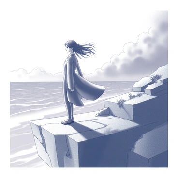 A character stands on a rugged cliff, overlooking a vast expanse of the ocean below. The winds are strong, causing their hair to flow wildly and their clothing to billow dramatically. The character is dressed in a long, flowing coat that flutters in the wind, creating a sense of movement. Their stance is firm, with one foot slightly forward, suggesting determination. The cliff is steep and textured, with rocky outcrops and sparse vegetation clinging to its sides. In the background, dark clouds gather, adding a sense of intensity to the scene.