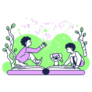 A group of children is gathered in a whimsical landscape depicted in the margins of a storybook. One child with curly hair is reaching out to touch a shimmering flower that glows softly. Another child is crouched down, studying a tiny creature with large eyes peeking out from behind a mushroom. In the background, there are rolling hills and trees with twisted trunks, all adorned with sparkling elements. The sky is illustrated with playful clouds and a bright sun peeking through, completing the enchanting atmosphere of adventure.