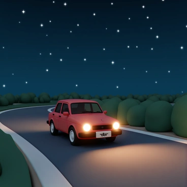 A Tata car, colored in bright red, is driving along a winding road under a starry night sky filled with shimmering stars. The car's headlights are turned on, casting a warm light that illuminates the road ahead, revealing the asphalt surface and the edges lined with lush greenery. In the background, the night sky is deep blue, with a scattering of bright white stars twinkling, creating a serene atmosphere around the car as it moves forward.