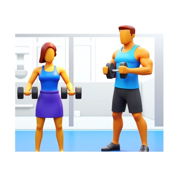 A personal trainer with a fit physique demonstrating the hammer curl technique. The trainer is standing beside a client who is holding dumbbells in both hands. The trainer is showing the correct posture, with arms slightly bent at the elbows, palms facing each other. The client is focused, mirroring the trainer's stance while lifting the dumbbells. The setting is a bright and spacious gym with exercise equipment visible in the background.