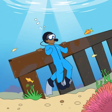 A scuba diver with dark skin and short black hair is performing pull-ups on a rusted metal beam of a submerged shipwreck. The diver is wearing a bright blue wetsuit and a clear mask, with a snorkel attached at the side. Colorful fish are swimming around the shipwreck, while coral formations grow along the sides of the metal structure. Bubbles are rising from the diver as they pull themselves up, and beams of sunlight penetrate through the water, creating a shimmering effect around the scene. The ocean floor is visible in the background, scattered with sand and small rocks.