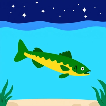 A pike fish with sharp, elongated features swims gracefully through clear water. The fish has a vibrant greenish body adorned with distinctive light yellow spots along its sides. Above the water, a starlit sky spreads across the scene, with numerous bright stars twinkling against a deep blue backdrop. The water reflects the starry sky, creating a shimmering effect that enhances the tranquil atmosphere. The underwater view showcases gently swaying aquatic plants, adding depth and life to the scene.