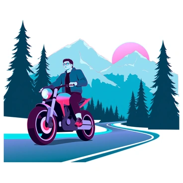 A biker wearing sleek, reflective sunglasses and a black leather jacket is riding a modern motorcycle. The biker has short, dark hair and a focused expression. The scenic mountain road winds ahead, flanked by tall evergreen trees on both sides. In the background, the sun is just rising, casting a warm golden light that illuminates the mountains, creating a vibrant contrast against the cool blue sky. The road curves gently, leading off into the distance, inviting adventure.