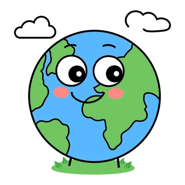 A round cartoon Earth with a bright blue color representing the oceans and vibrant green landmasses. The Earth has a large, friendly smiling face with large, expressive eyes and rosy cheeks. The continents are clearly outlined, and fluffy white clouds can be seen floating playfully in the background. The Earth stands on a small, grassy patch, adding a sense of whimsy to the scene.