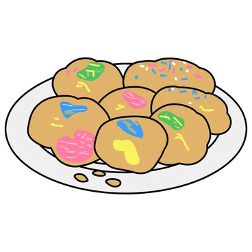 A round plate filled with several thumb-shaped cookies, each carefully baked to a golden-brown color. The cookies are adorned with colorful icing decorations, featuring bright shades of pink, blue, yellow, and green, creating intricate patterns and designs on each cookie. Some cookies have sprinkles scattered on top, adding extra texture. The plate itself has a simple white design, highlighting the vibrant colors of the cookies. Additional crumbs are visible around the edge of the plate, indicating the cookies have been recently enjoyed.