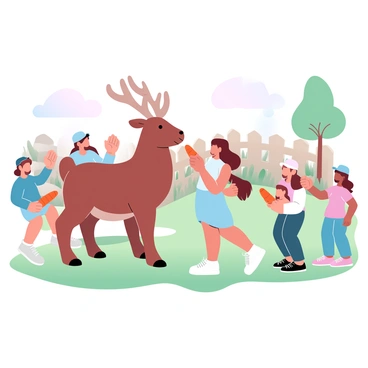 A group of children is gathered around a large elch, feeding it bright orange carrots. The children are wearing colorful clothing, with some having hats and others holding handfuls of carrots. The elch stands calmly, its antlers visible and its fur a soft brown color. Nearby, a wooden fence encloses the petting zoo area, and the grass is lush and green. In the background, there are signs of other animals, and a few trees add to the vibrant atmosphere. The scene captures the joy of the children as they interact with the elch, filling the air with a lively energy.