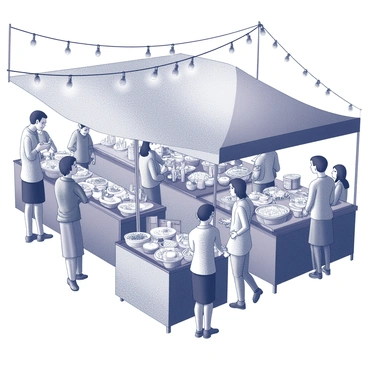 A night market scene in Chiang Mai, bustling with activity. Numerous stalls are set up, showcasing a variety of local foods and goods, each with distinct shapes and arrangements. Vendors are engaged with customers, offering samples and serving dishes, while patrons browse through the vibrant displays. Strings of lights illuminate the area, creating a lively atmosphere. Tables filled with various food items, such as skewers, noodles, and desserts, are placed throughout the market. The crowd consists of a diverse group of people, including both locals and tourists, all enjoying the vibrant ambiance.