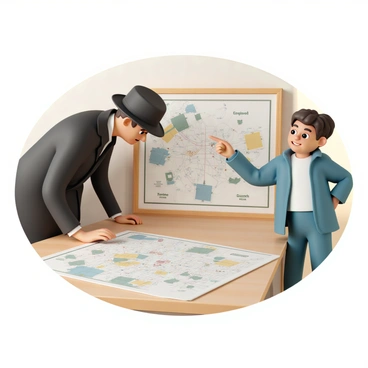 A detective, wearing a classic dark trench coat and a fedora hat, is leaning over a large, detailed map spread out on a wooden table. The detective has a focused expression, examining various markings on the map. Beside the detective stands an eager sidekick, a young person wearing a casual blue jacket and jeans. The sidekick is pointing excitedly at a specific location on the map, with wide eyes and a slight smile. The room has a warm light, emphasizing the details of the map and the personalities of the two characters.