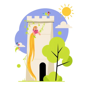 Rapunzel is leaning out of a tall, stone tower with vines climbing up its sides. Her "long, golden hair" flows gently in the breeze, cascading down the side of the tower. The sun is shining brightly, illuminating the "green leaves" of nearby trees. In the background, a bright blue sky is dotted with fluffy white clouds. A few colorful birds are flying nearby, adding life to the scene.