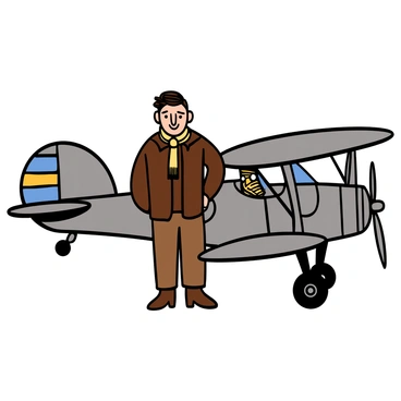 A pioneering aviator from the 1930s with light skin and short slicked-back hair is standing proudly beside a vintage aircraft. He is wearing a brown leather flight jacket with a cream-colored scarf around his neck, along with khaki trousers and sturdy brown boots. The aircraft has a shiny silver body with a propeller and vintage insignia painted on its side. The aviator has a confident smile, and the sun is shining down, highlighting the details of his outfit and the aircraft's design.