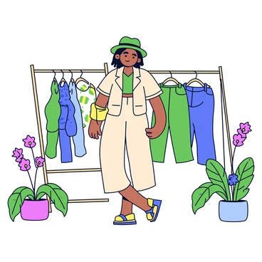 A designer stands in a sunny garden, wearing a light-colored outfit made from recycled materials. The garden is filled with vibrant flowers and greenery. The designer is displaying a collection of garments on a simple wooden rack. Each piece of clothing features unique textures and patterns, showcasing various shades of green, blue, and earth tones. The sunlight casts gentle shadows on the ground, highlighting the eco-friendly theme of the collection.