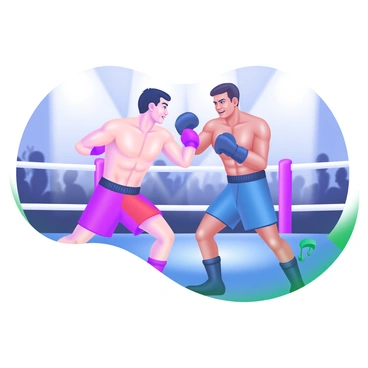 A boxing ring with two boxers engaging in a match. One boxer is wearing red shorts, and the other is in blue shorts, showcasing their muscular physiques. The boxers are positioned in dynamic stances, with their fists raised and sweat glistening on their skin. The crowd in the background is blurred, creating a sense of focus on the fighters. Bright lights illuminate the ring, highlighting the intense atmosphere of the match.