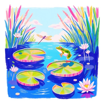 A small green frog is leaping from one lily pad to another in a tranquil pond. The lily pads are vibrant green, floating on the surface of the water, with delicate white and pink flowers blooming among them. The pond reflects the clear blue sky above, with ripples forming around the frog as it jumps. Surrounding the pond, tall green grass and reeds sway gently, adding to the natural setting. A dragonfly flits nearby, creating a sense of motion in the scene.
