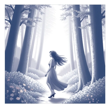 A figure of a young woman is walking through a dense forest. The sunlight filters through the towering trees, creating dappled patterns on the forest floor. She has long flowing hair and wears an elegant dress that moves gracefully with her. Surrounding her are tall trees with intricate bark textures and lush foliage. The ground is covered with various plants and flowers, adding depth to the scene. Light beams create a magical atmosphere as they shine through the leaves, illuminating the path ahead.