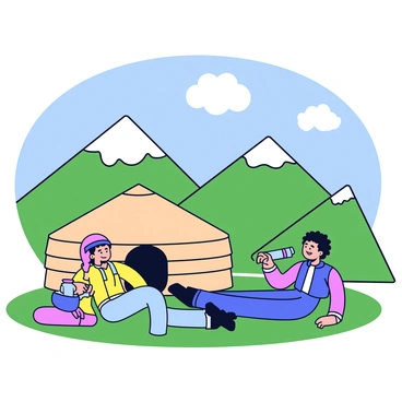 A group of three hikers sitting on the grass near a round yurt. The yurt has a beige exterior and a conical roof. One hiker is leaning back on their elbows, while another is stretching their legs out. The third hiker is sipping water from a bottle. In the background, there are tall green mountains with patches of snow at the peaks. A bright blue sky is visible above, dotted with a few fluffy white clouds.