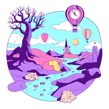A duotone landscape features a large, twisted tree with sprawling branches reaching towards a vibrant sky. The ground is covered in soft, rolling hills with large, oddly-shaped rocks scattered throughout. In the distance, there are floating islands adorned with oversized flowers. A winding river of shimmering water flows through the scene, reflecting the unique shapes and colors of the surroundings. Several whimsical objects, such as a giant clock with melting numbers and a colorful hot air balloon, hover in the air, adding to the dreamlike quality of the landscape.