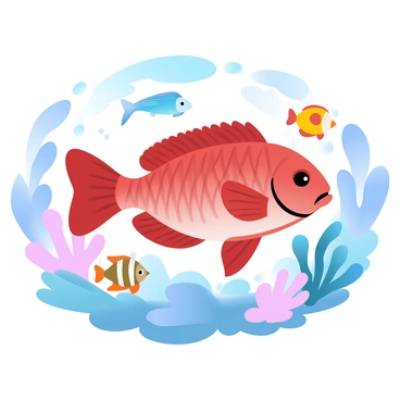 A red snapper is swimming gracefully among a vibrant array of tropical fish in a coral reef setting. The snapper has striking scales that shimmer in shades of red, contrasting with the deep blue water surrounding it. Various tropical fish in bright colors, such as yellow, blue, and orange, dart around the snapper, creating a lively underwater scene. Colorful corals and sea plants provide a natural habitat in the background, adding to the richness of the underwater world.