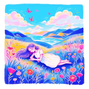 A girl named Amy is lying on a grassy hill, peacefully dreaming. The sky above her is filled with fluffy blue clouds that are shaped like various animals, including a lion, a rabbit, and a whale. There are colorful flowers blooming around her, and butterflies are fluttering in the air. In the distance, there are rolling hills and a shimmering river reflecting the blue sky. Amy has long hair that flows gently around her, and she wears a simple white dress. The scene captures the essence of a magical landscape.