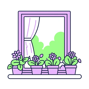 A window sill is filled with pots of blooming flowers. Each pot is made of terracotta and showcases a variety of flowers. The flowers are lush and vibrant, with intricate petals and varying shapes, extending outwards. The light from the window casts soft shadows, creating a texture on the sill. In the background, a light curtain gently drapes, partially obscuring the view outside, while light streams in, illuminating the scene. The window frame is wooden, and the glass is clear, showcasing the beauty of the flowers.