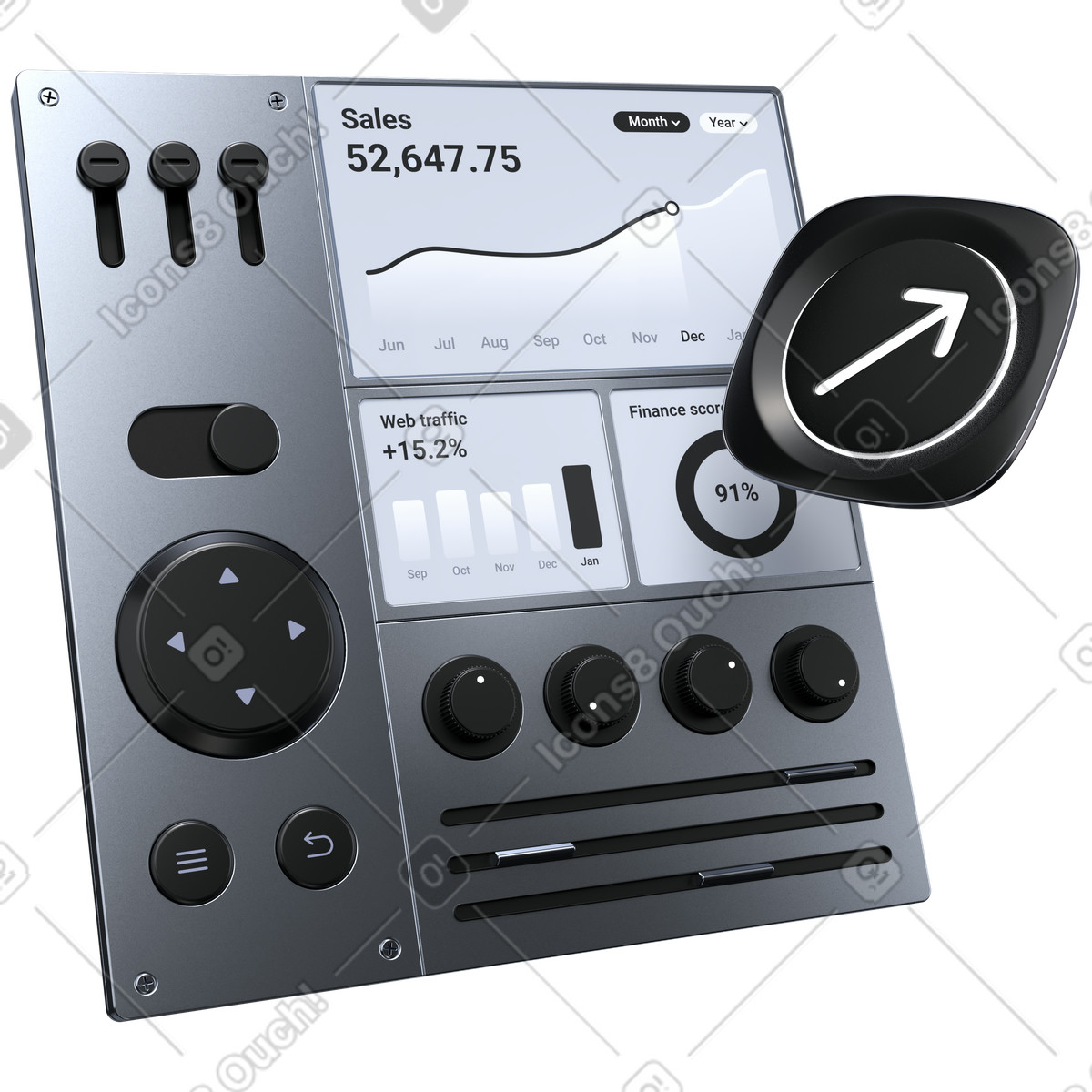 Financial dashboard with analytics controls, business revenue analysis illustration in 3D Pro style download in PNG, SVG