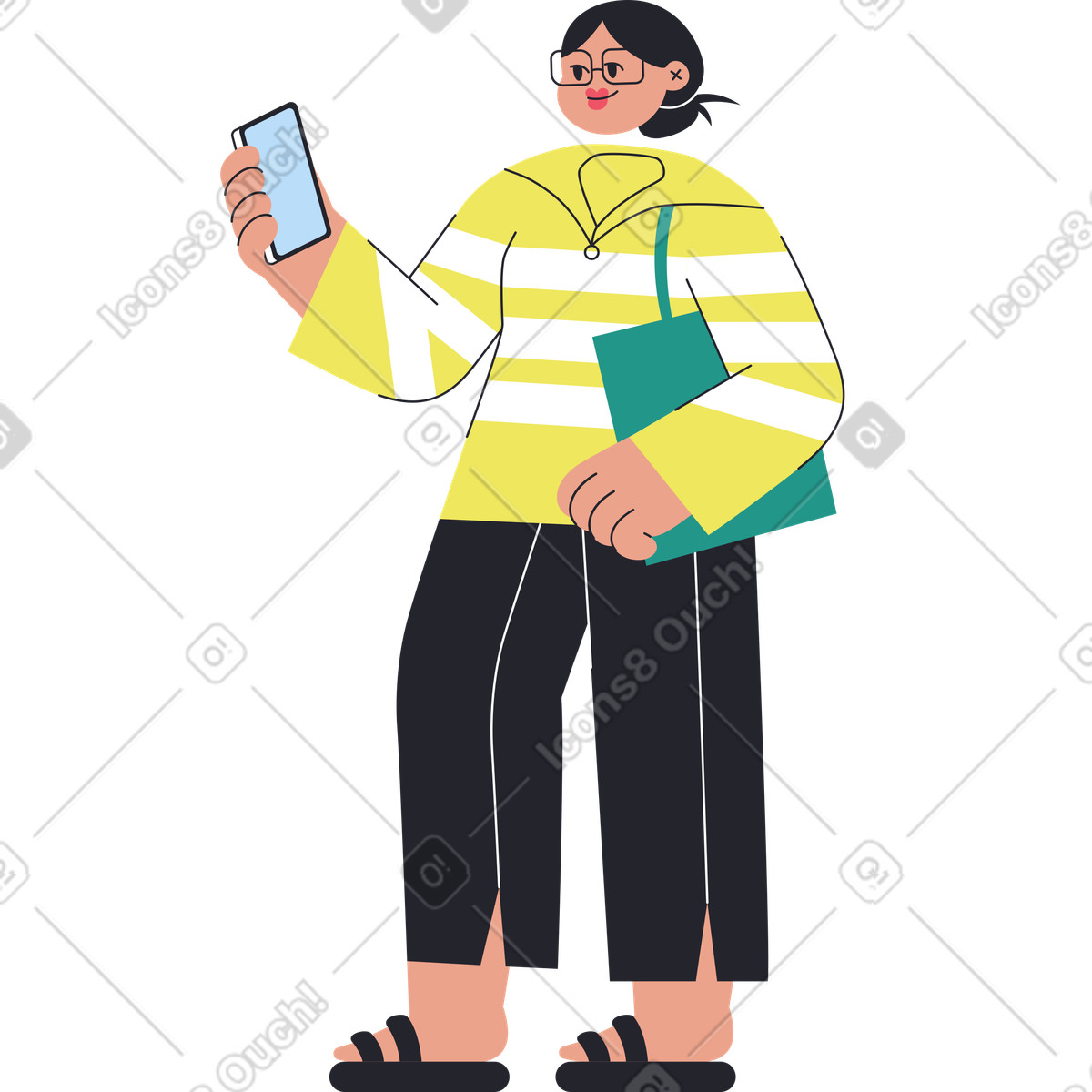 Ilustración Mujer de pie y mirando su teléfono inteligente en estilo Boba a descargar en PNG SVG