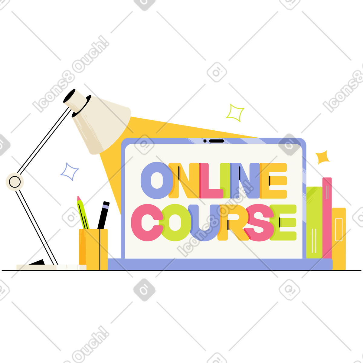 Online course message on laptop desk, Self education concept illustration in Juicy style download in PNG, SVG