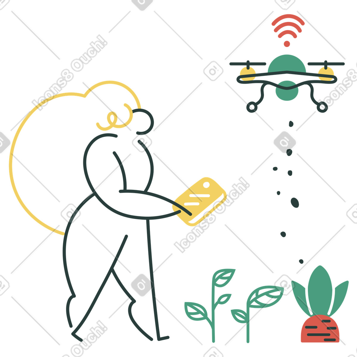 Ilustración Usando un dron para esparcir fertilizante en estilo Macaroni a descargar en PNG y SVG