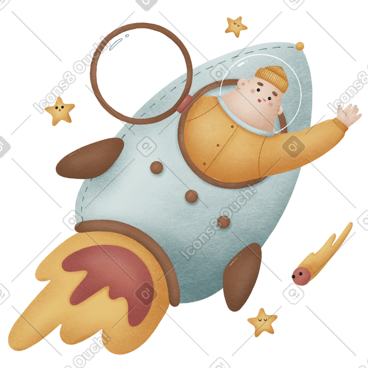 Ilustración Astronaut waving from rocket in space, Come back later or coming soon message en estilo Woolly a descargar en PNG y SVG