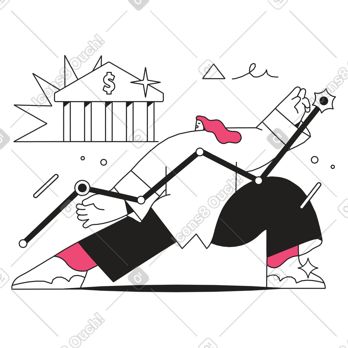 Frau vor der bank zeigt das wachstum gewinne-Illustration im Dazzle Line-Stil als Download in PNG, SVG