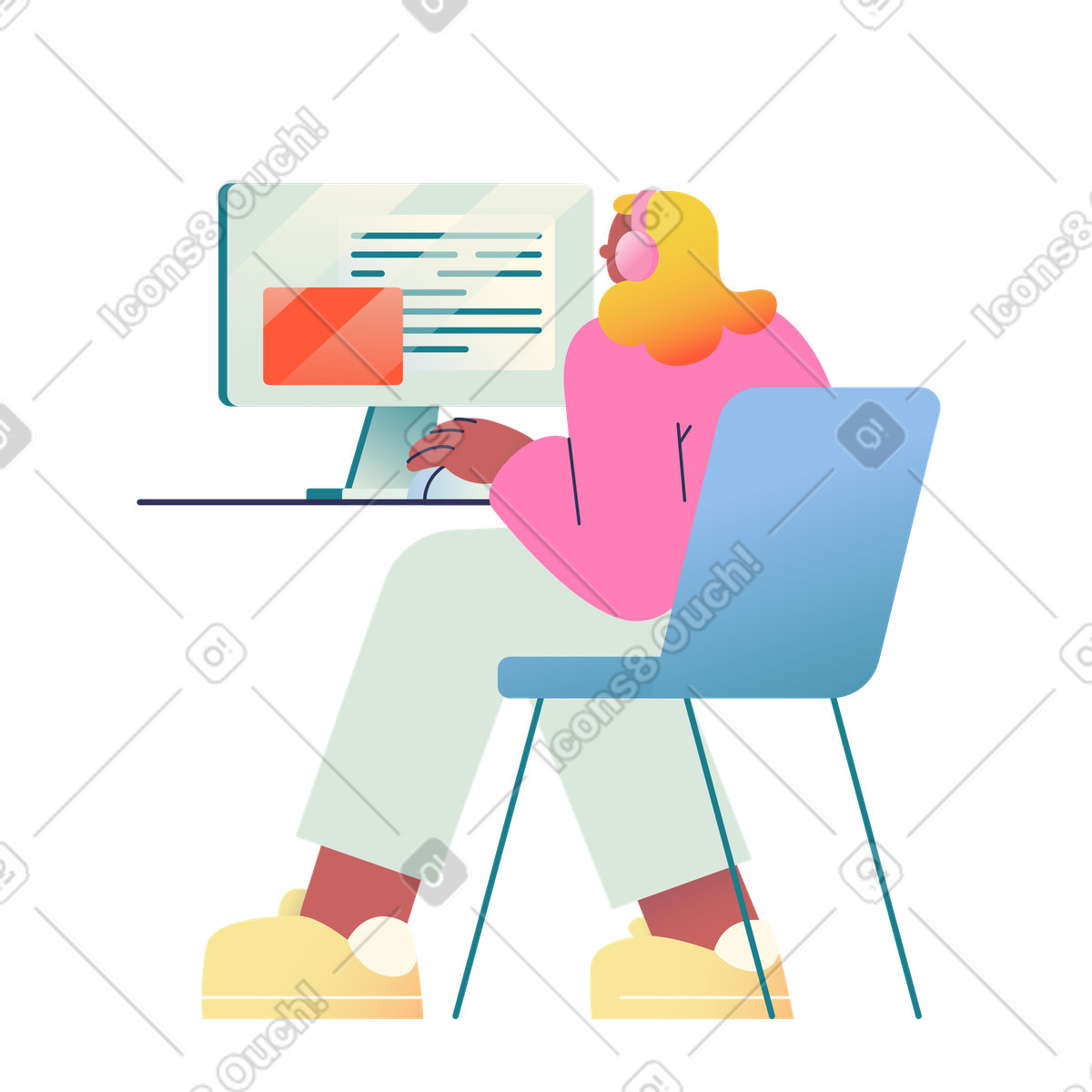 Woman is working at a computer animated illustration in GIF, Lottie (JSON), AE