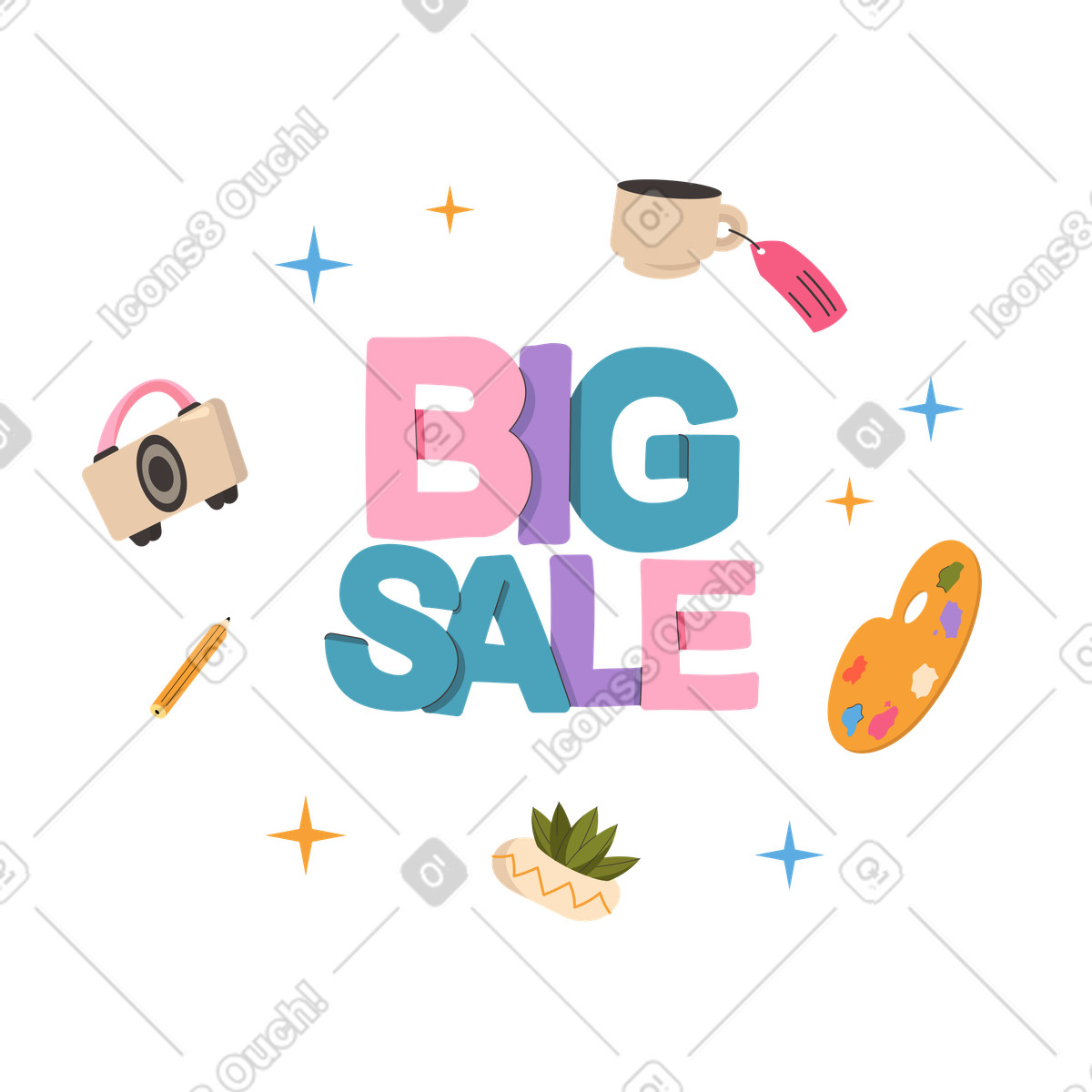 Lettering big sale text with items illustration in Dizzy style download in PNG, SVG
