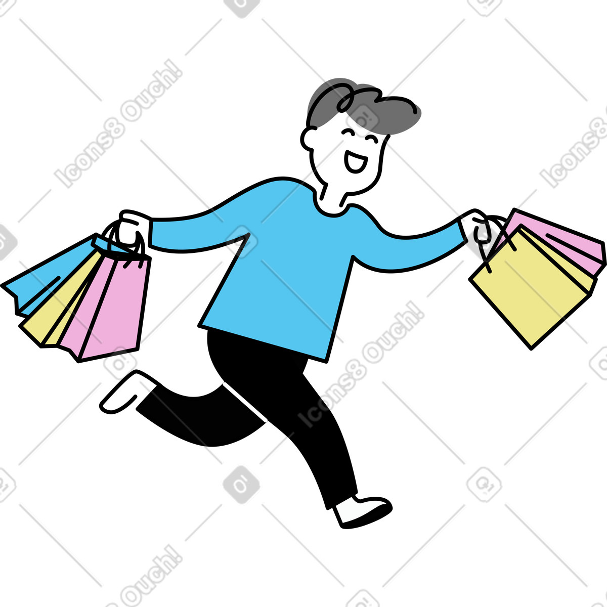 Illustration Un homme qui court joyeusement avec des sacs de courses dans le style Mochi à télécharger aux formats PNG, SVG