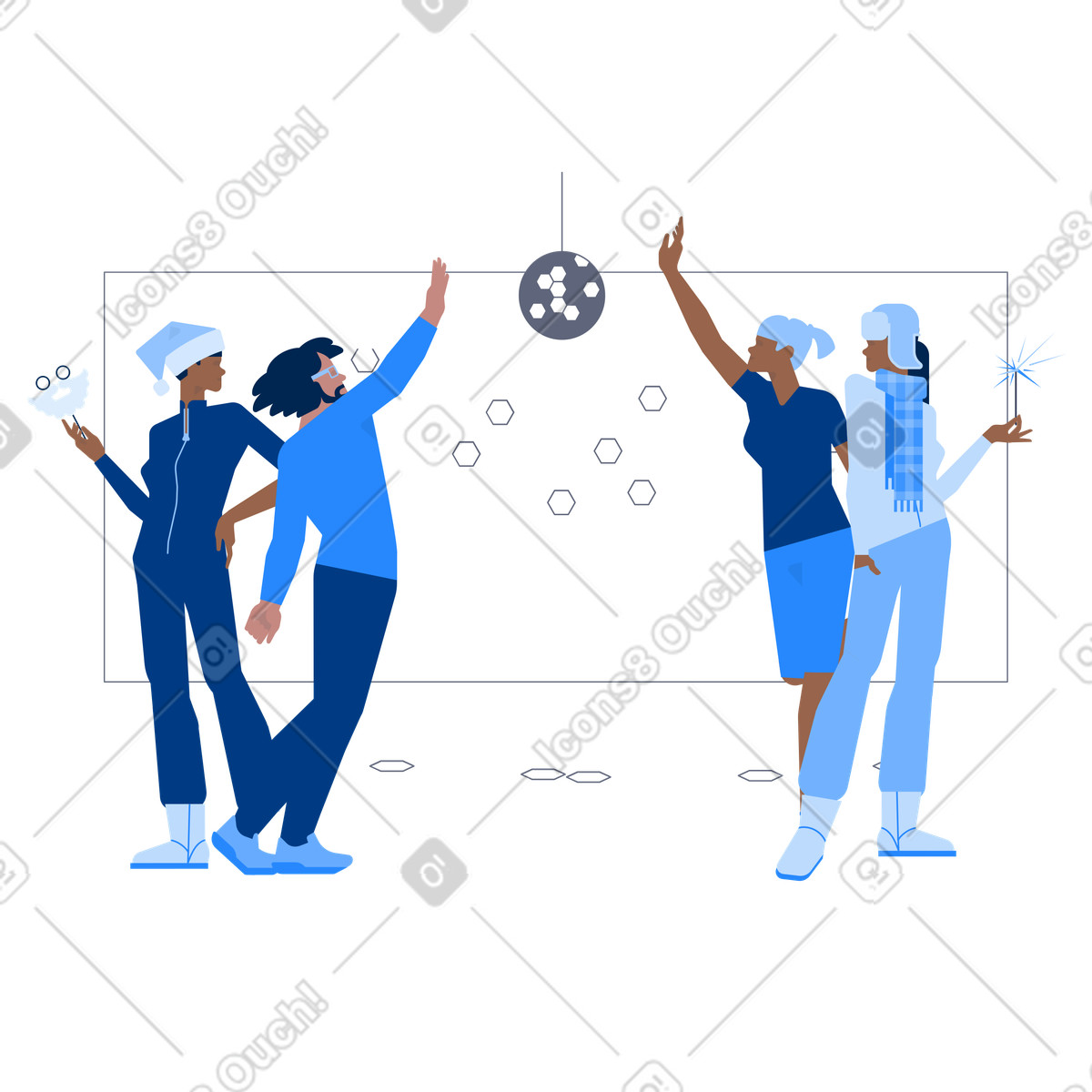 Colleagues celebrating and dancing indoors, Social event New Year party illustration in Urban style download in PNG, SVG
