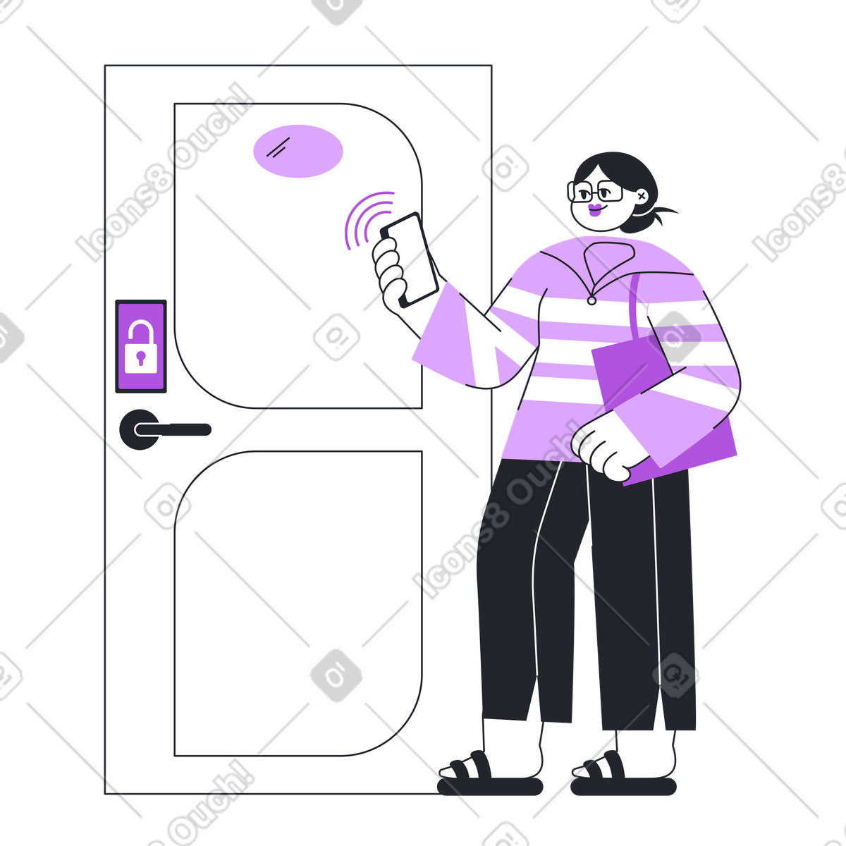 Resident using phone to open house door, modern home automation illustrazione in stile Grapy scarica in PNG, SVG