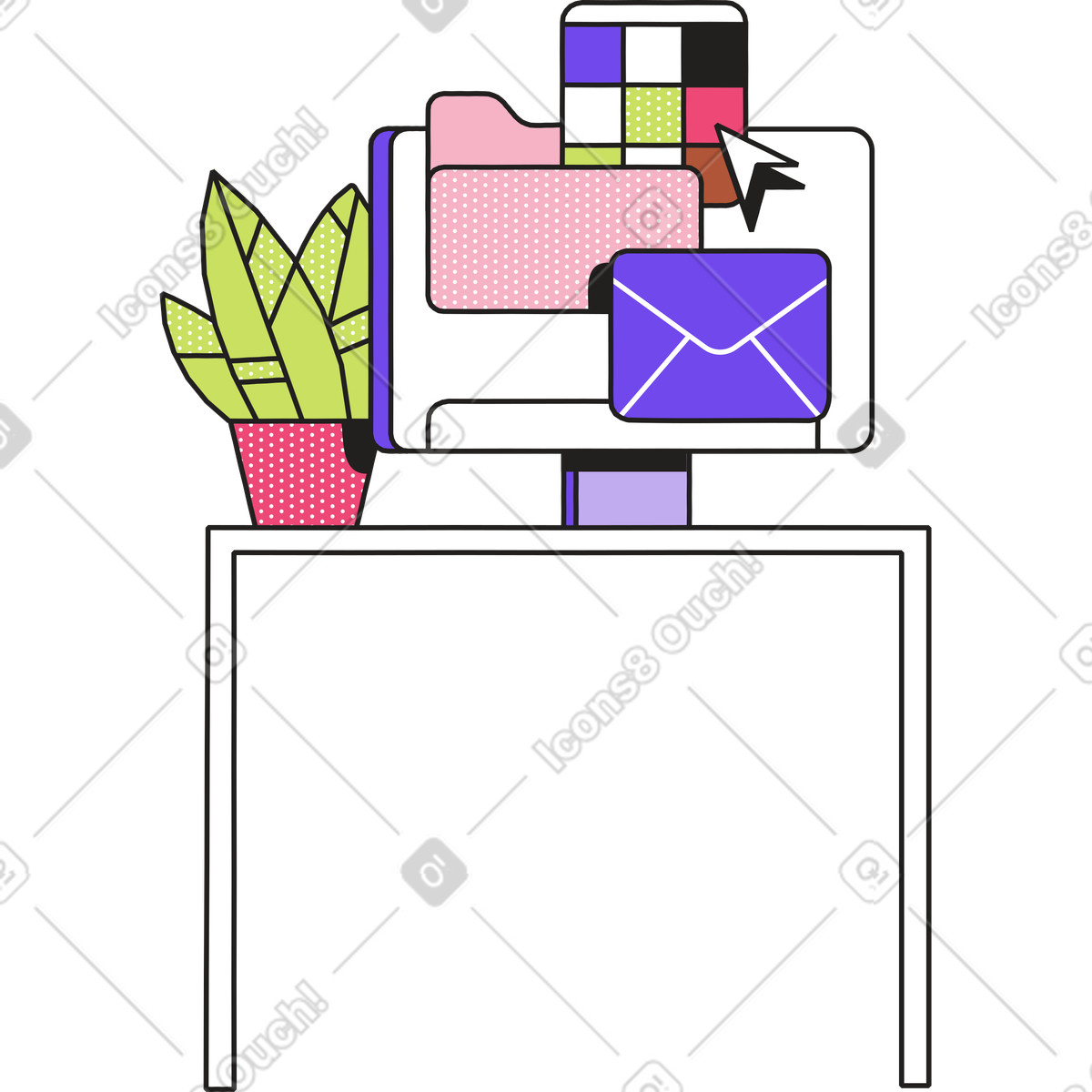 Tisch mit computer und blume-Illustration im Dazzle-Stil als Download in PNG, SVG