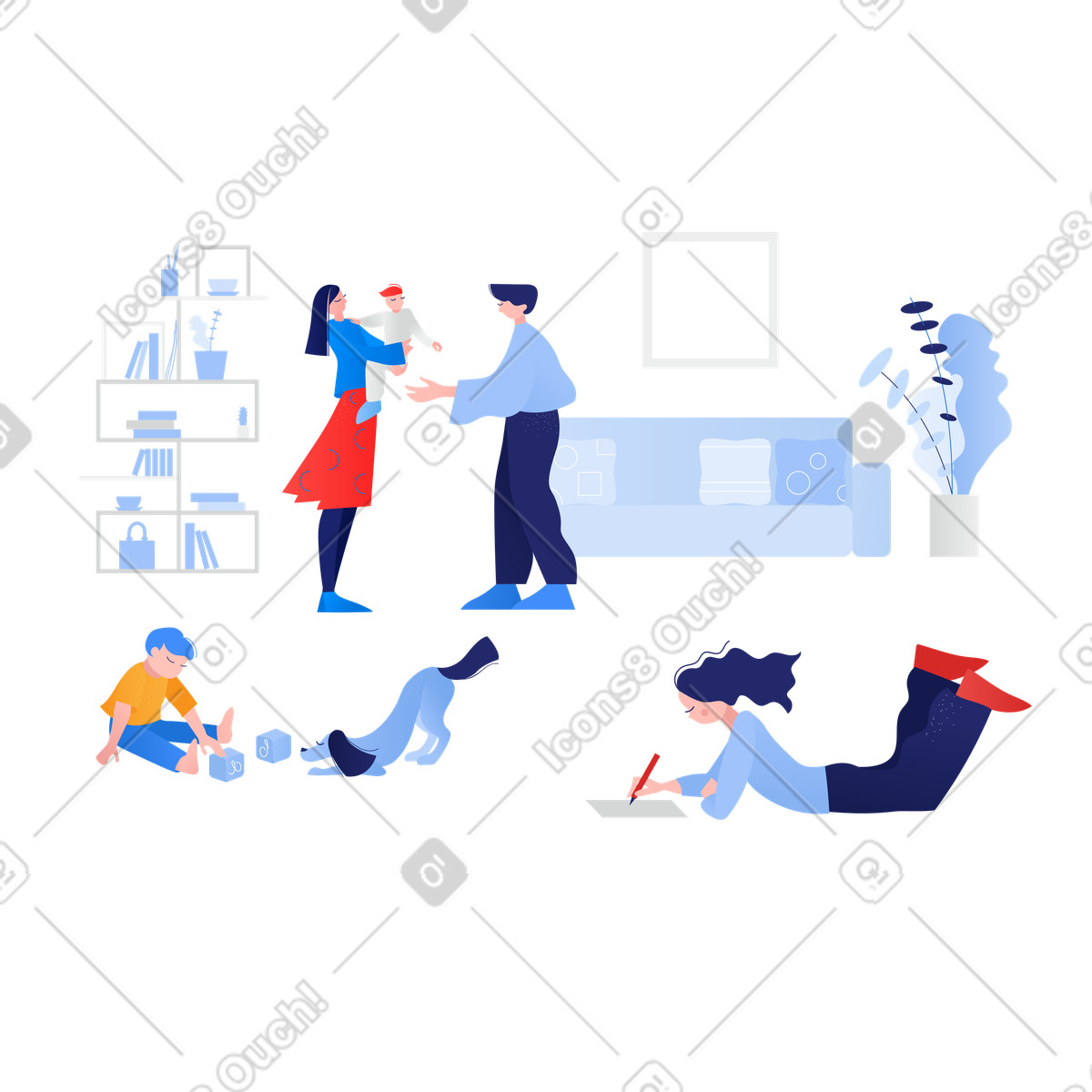 Illustration Famille dans le salon style Clip à télécharger aux formats PNG, SVG