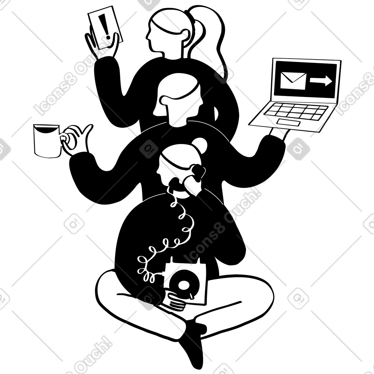 Illustration Équipe de trois personnes multitâches dans le style Journal à télécharger aux formats PNG, SVG