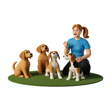A group of three puppies, two golden retrievers and one beagle, sitting on a grassy training field. The golden retrievers have shiny fur and are wagging their tails excitedly. The beagle has a distinct, short coat with large, floppy ears. Two of the puppies are looking up attentively at their trainer, a cheerful woman with light brown hair tied in a ponytail. She is wearing a bright blue t-shirt and black jogging pants, kneeling down while holding a small treat in one hand. The scene captures the playful energy of the puppies as they learn basic commands like "sit" and "stay." The sunny sky above casts soft shadows on the grass, adding warmth to the scene.