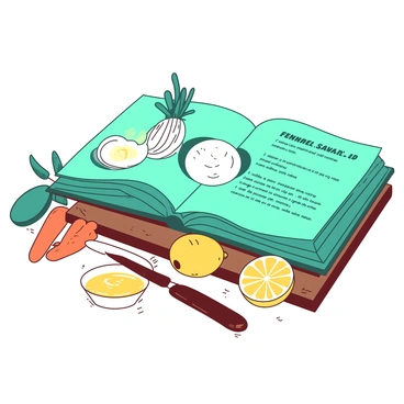 An open teal cookbook is resting on a wooden countertop, displaying a detailed recipe for "fennel salad." The pages of the cookbook are slightly curled at the edges. Surrounding the cookbook are illustrated ingredients including a sliced white bulb of fennel, vibrant orange carrots cut into thin strips, bright yellow lemons halved with juice glistening, and a small dish of olive oil. The background features subtle kitchen utensils like a cutting board and a knife, enhancing the cooking theme.