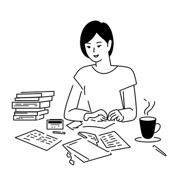 A person sitting at a table, focused on organizing their finances. They are using a calculator and have several papers spread out in front of them, including spreadsheets and receipts. A steaming cup of coffee sits beside the papers. The person's expression shows concentration as they write notes on a notepad. The setting includes a stack of folders and a pen lying on the table.